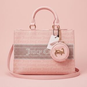 NWT TikTok Viral Juicy Couture Light Pink & White Bling Tote Bag w/ Pouch